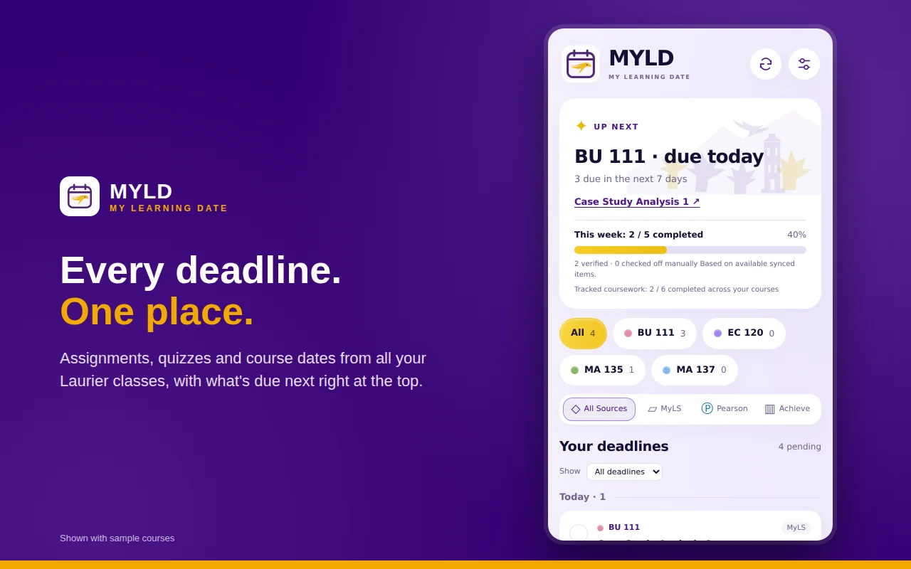 MYLD side panel showing the next deadline, a weekly progress bar and class filters